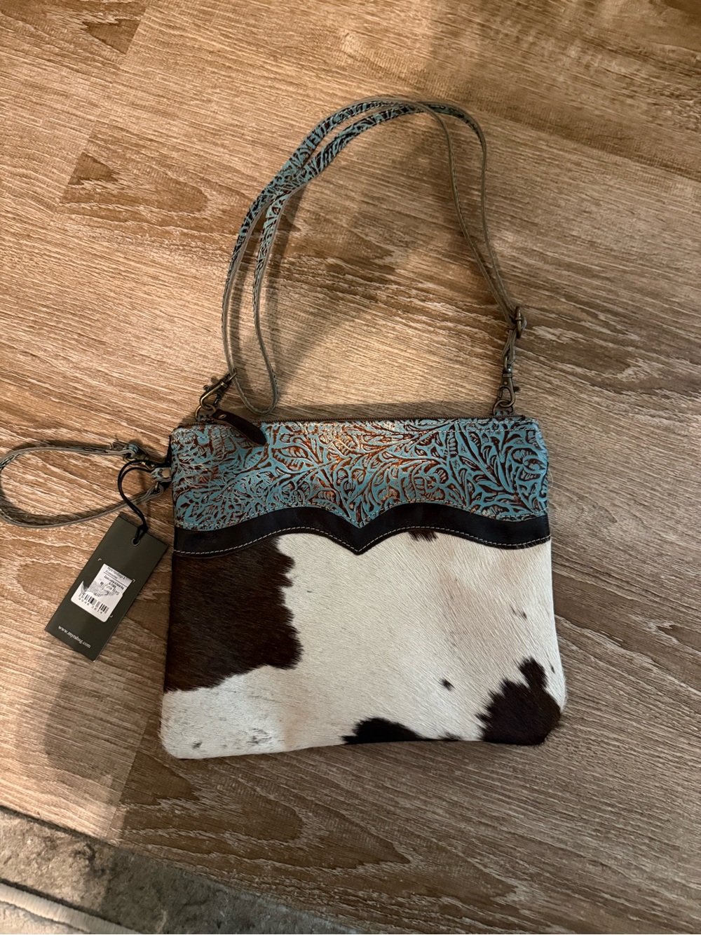 Myra Bag Turquoise Tooled Leather & Brown White Cowhide Crossbody